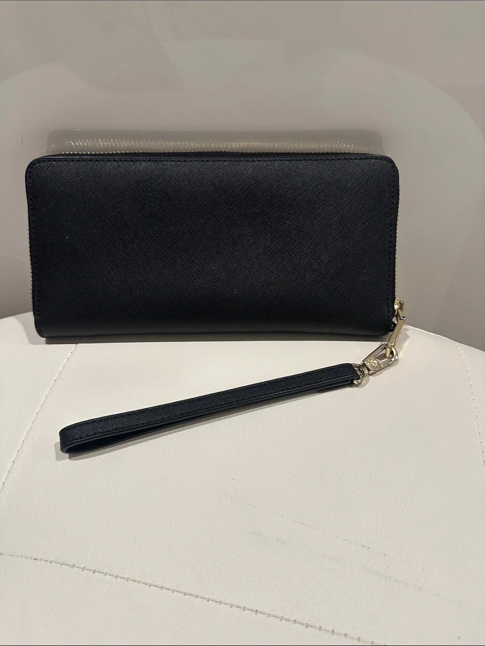 Tory Burch Black Saffiano Zip Wristlet with Gold Logo